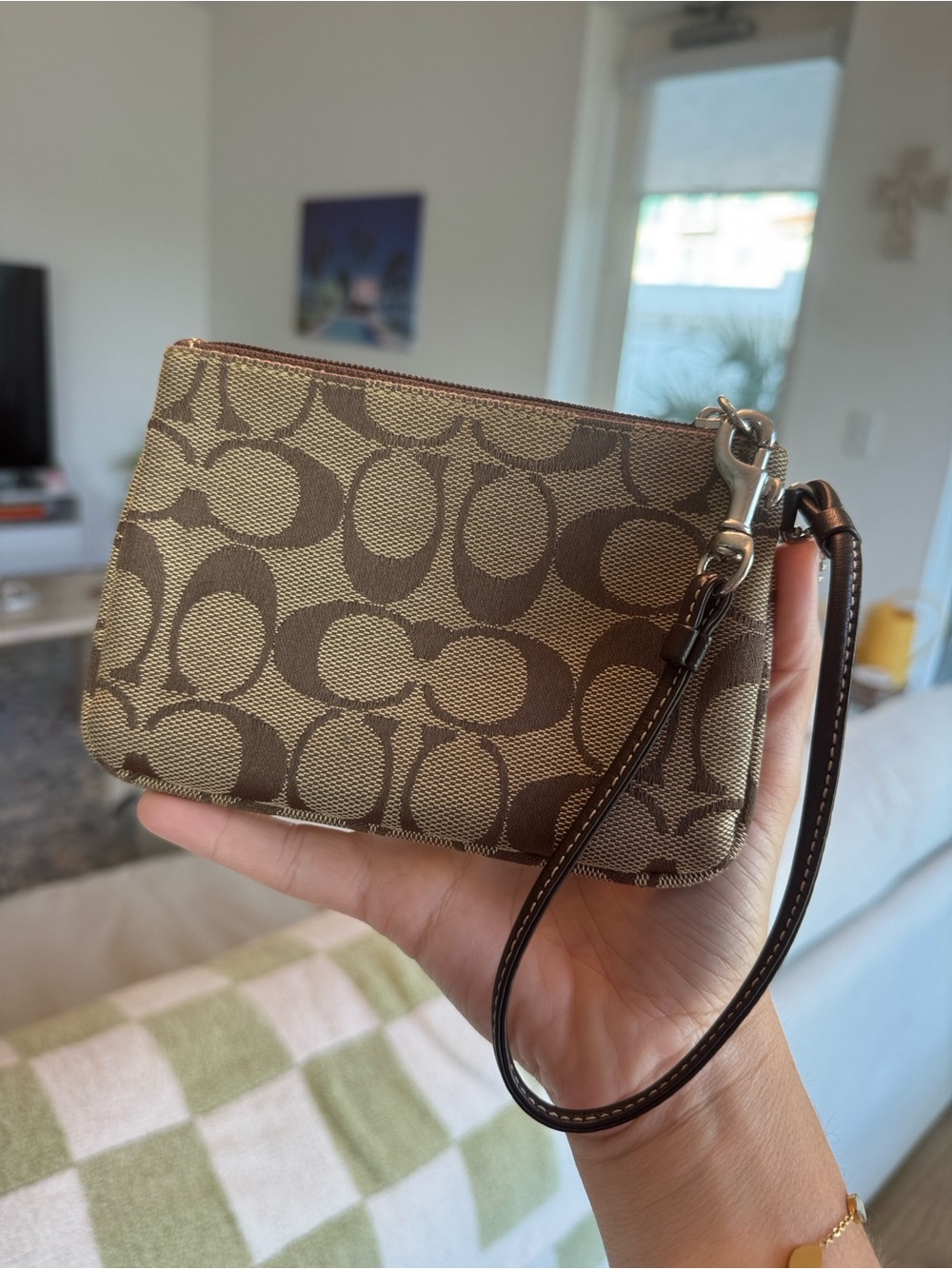 Coach Authentic Monogram Y2K Wristlet Brown Leather Trim - Picture 2 of 4